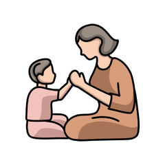 illustration of mother and son holding hands on white background