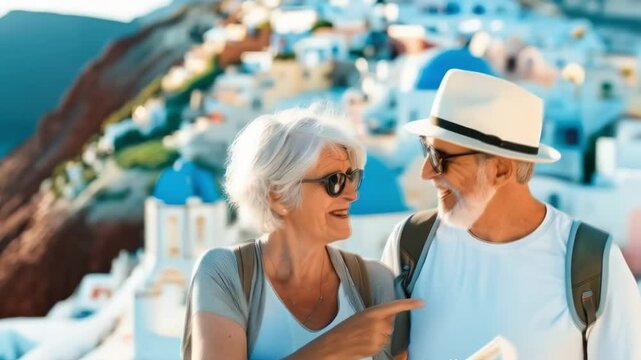 Senior tourist couple enjoying vacation laughter together in a scenic Santorini island 