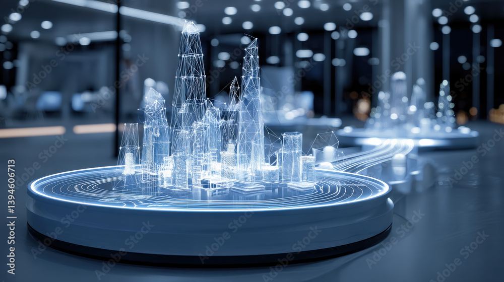 Aufkleber futuristic city model with glowing wireframe skyscrapers is displayed in modern corporate setting, e