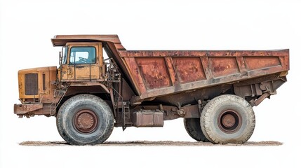 Fototapeta premium Rusty Heavy-Duty Dump Truck on White Background with Weathered Texture and Industrial Design