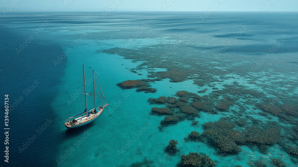 Poster aerial view of turquoise ocean water with scattered coral reefs and a lone sailboat casting a perfec