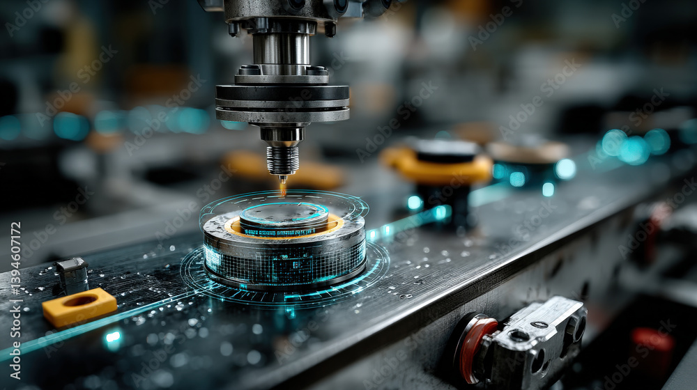 Aufkleber futuristic manufacturing process is depicted with robotic arm and holographic interface, showcasing 