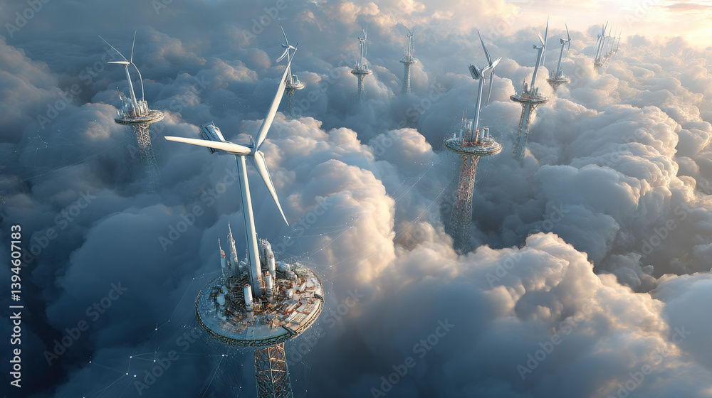 Poster Futuristic wind turbines float above dense clouds, creating surreal and innovative energy landscape. scene is both serene and technologically advanced, showcasing renewable energy potential