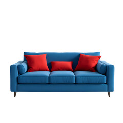 Blue sofa with red cushions with a white background