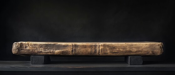 Fototapeta premium A rustic, ancient tome rests on a dark wooden surface, emanating a sense of history and knowledge locked within its worn pages.
