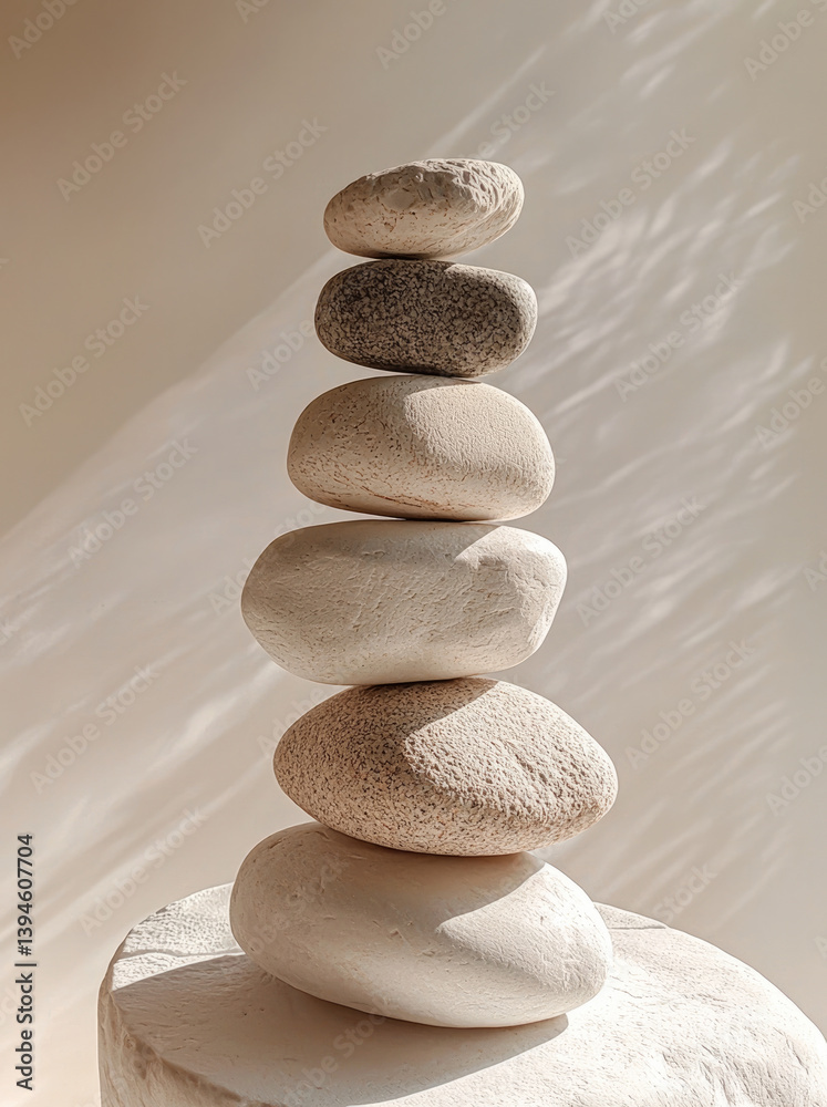 Poster serene arrangement of smooth, stacked stones creates calming focal point, showcasing natural texture