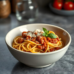Bowl of spaghetti bolognaise on a kitchen surface