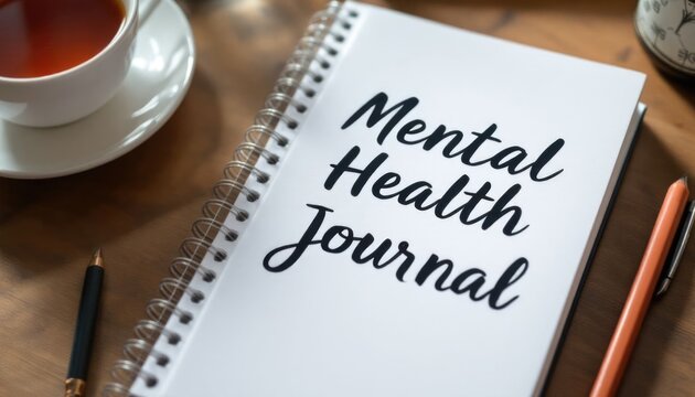 A mental health journal is open on a wooden table beside a cup of tea and writing materials, promoting reflection and self-care