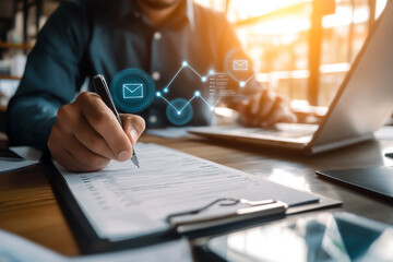Fototapeta premium Businessman working with a financial growth graph, business plan, or strategy for the development and growing success of a company concept