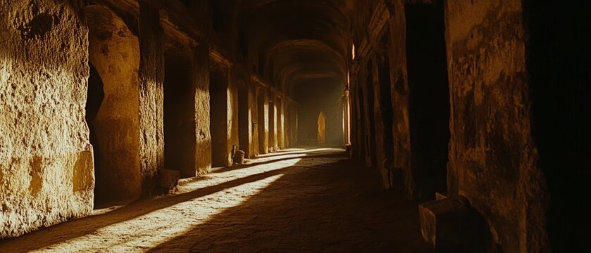 A dimly lit ancient hallway with sunlight streaming through arches, creating dramatic shadows on the stone walls. - Powered by Adobe