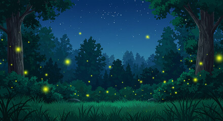 Naklejka premium Enchanting Night Forest Scene with Glowing Fireflies and Starry Sky