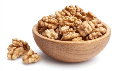 Fototapeta premium Fresh Organic Walnuts in Wooden Bowl on White Background Ideal for Healthy Eating and Cooking