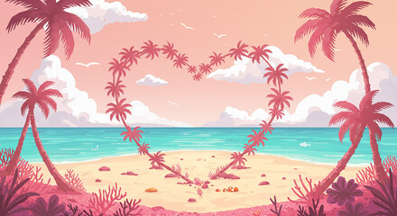 Naklejka premium Romantic Tropical Beach Scene Heart Shaped Palm Trees on Sandy Shore Ocean View