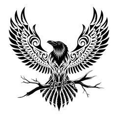 Naklejka premium A Majestic Tribal Style Raven with Outstretched Wings