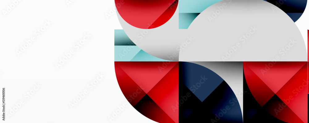 Poster abstract geometric composition. overlapping shapes, red, white, blue hues create modern visual impac