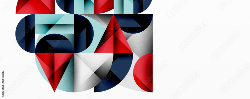 Poster Abstract geometric composition. Shapes overlap, creating dynamic visual interest. Red, blue, light blue, gray, white colors dominate design. Modern aesthetic.