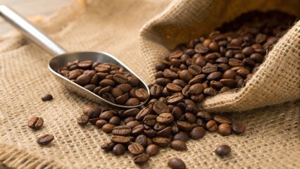 Fototapeta premium Coffee beans scattered on burlap with a metal scoop nearby.