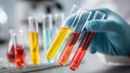 Gloved hands skillfully holding test tubes filled with vibrant liquids in a contemporary laboratory setting characterized by scientific precision and a clinical atmosphere