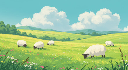Fototapeta premium Idyllic Summer Pasture Sheep Grazing in Rolling Green Hills under a Blue Sky