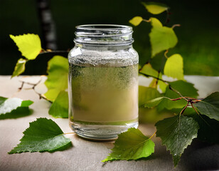 An open jar of Latvian birch sap drink with condensation on the glass, next to green birch leaves.