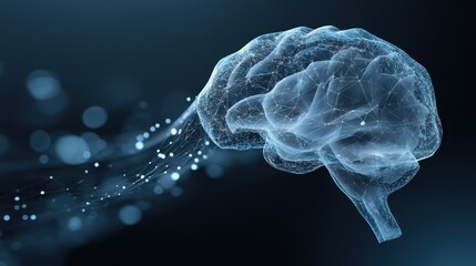 Exploration of digital human brain connected to extensive neural network, depicting flowing data streams and electric pulses in a futuristic AI landscape