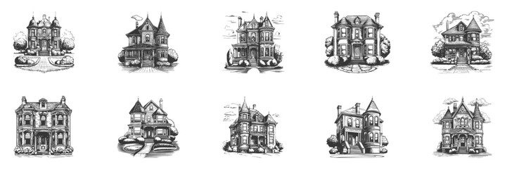 Fototapeta premium Victorian House Illustrations Set In Vintage Style. Architectural Heritage And Historical Charm In Hand Drawn Sketch Style. Isolated Vector Illustration