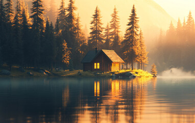 Fototapeta premium Small cabin is surrounded by trees and sits on a lake