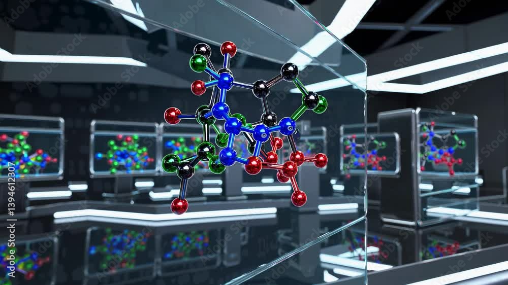 Poster exploring molecular structures through advanced visualization in a modern lab setting