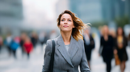 Fototapeta premium Ambitious professional woman walking confidently in the city center street