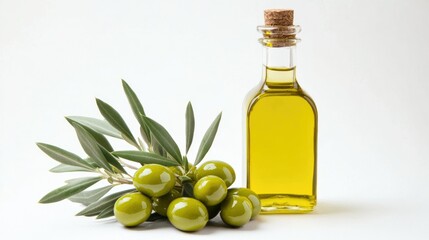 Olive Oil Bottle with Fresh Olives and Olive Leaves on White Background