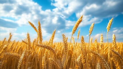 Fototapeta premium Golden wheat sways gently in the warm breeze, illuminated by the bright sun. Fluffy clouds drift lazily above in a vast blue sky, creating a serene and idyllic atmosphere in this summer landscape
