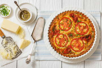 Freshly baked Italian Tomato Cheese Pie, top view