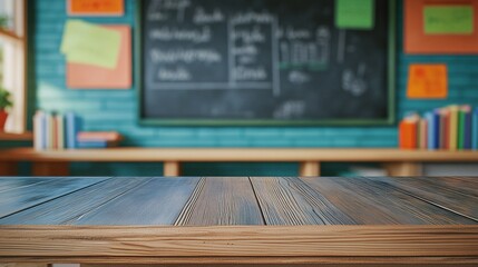 Wooden table with blurred classroom background, blackboard, books, and decorations, perfect for product placement for Teacher's Day or educational holidays