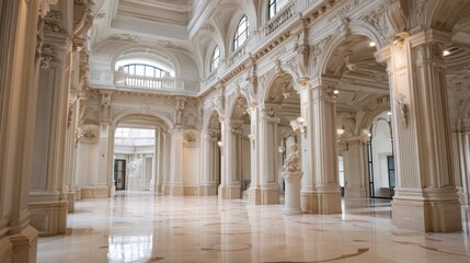 Obraz premium Experience the grandeur of a classical museum with high ceilings, stunning marble floors, and elegantly curated sculptures creating a serene ambiance for contemplation and appreciation
