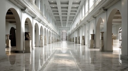 Naklejka premium Elegance of a classical museum with soaring ceilings and marble floors, showcasing sculptures in a tranquil, refined atmosphere