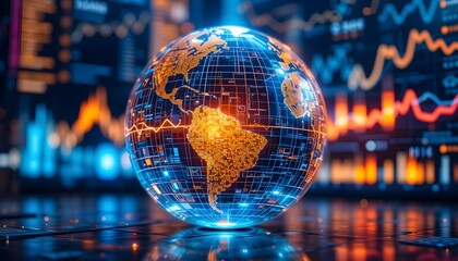 global finance, digital world economy, illuminated glass globe, South America focus, stock market charts, financial district background, blue and orange color scheme, data visualization..