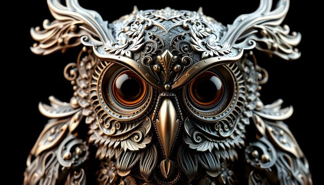 Intricate metallic owl sculpture, close-up portrait, steampunk aesthetic, bronze and silver tones, detailed feathers, large hypnotic eyes.....