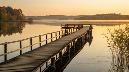 Obraz premium Serene lakeside view with a wooden pier at sunrise.
