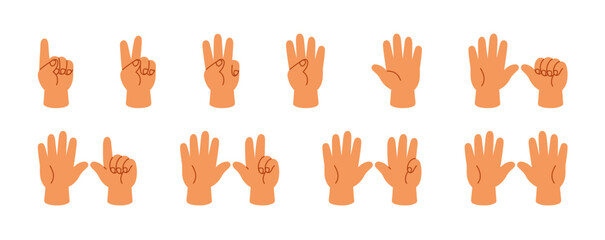 Set of hands count from one to ten. Gesturing of various figures, kids countdown from 1 to 10. Showing of different number signs with fingers. Flat isolated vector illustrations on white background