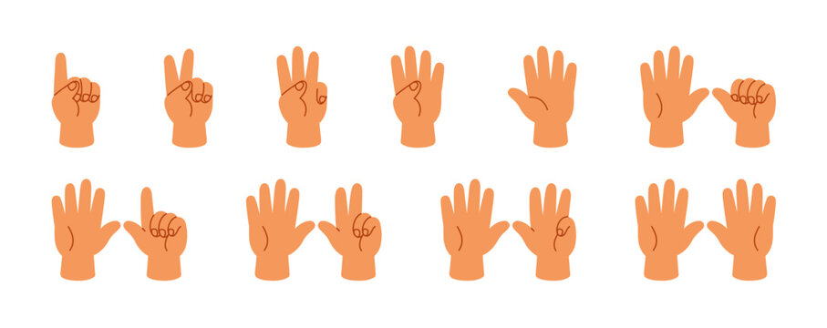 Set of hands count from one to ten. Gesturing of various figures, kids countdown from 1 to 10. Showing of different number signs with fingers. Flat isolated vector illustrations on white background