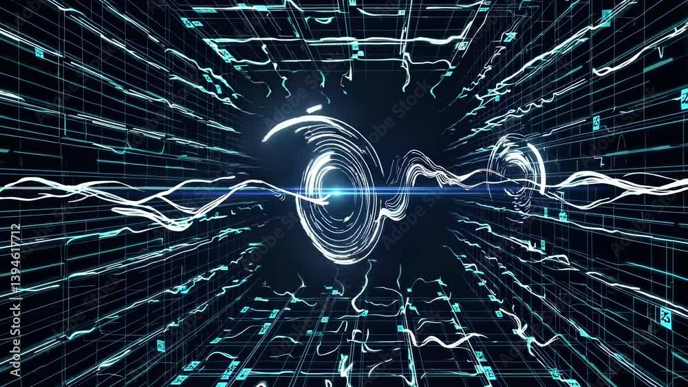 Poster exploring digital landscapes with dynamic energy waves and futuristic visuals