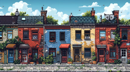 Fototapeta premium Colorful Pixel Art Row Houses Depicting an Old Street View With Brick Facades and Vibrant Architecture