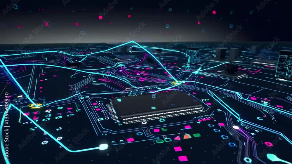 Poster bright neon lines and patterns create an engaging visual display of technology in an abstract digita