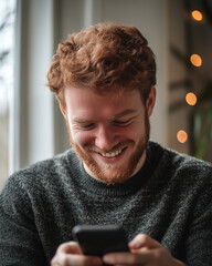 adult man smiling down at mobile phone
