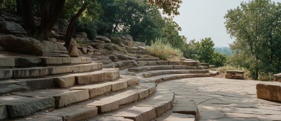 A series of stone steps leading into a sunlit amphitheater, embraced by lush trees, evoking ancient gatherings and natural beauty.