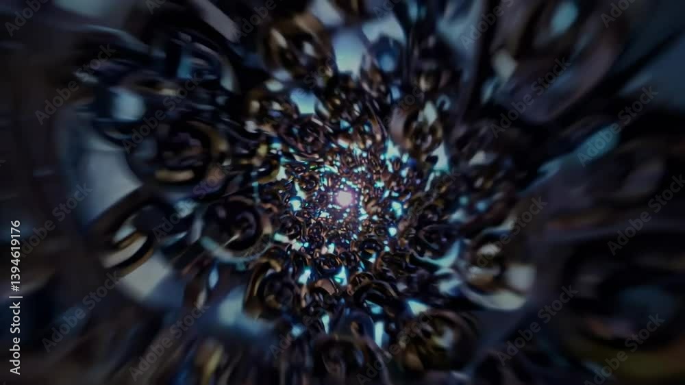 Poster exploring the mesmerizing depths of an abstract metallic tunnel with dynamic light patterns