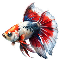 Fototapeta premium Celestial Betta Splendor: An exquisite, brightly colored betta fish glides effortlessly through an aquatic realm, radiating vibrancy and elegance, a true masterpiece of nature's artistry.