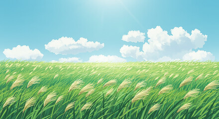 Serene Summer Meadow Landscape Sunny Sky Rolling Grass Pampas Grass Field