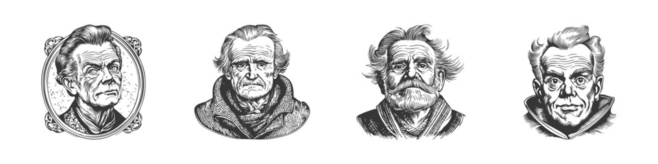 Fototapeta premium Vintage Portraits Of Elderly Men Illustration Set. Depicting Wisdom And Experience In Hand Drawn Sketch Style. Isolated Vector Illustration