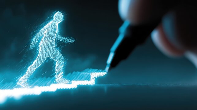 A glowing holographic figure moves forward symbolizing the transformative power of digital innovation and the boundless potential of emerging technologies